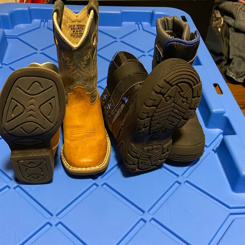 2 pair boots size 8. Old west boys cowboy boots and wonder nation snow boots.